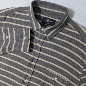 7 For All Mankind Button Down Flannel Mens L Grey Cream Striped L/S AM0272F13